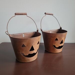 Primative Distressed Jack O'Lantern Wall Mounted Luminary Pails, Set of 2